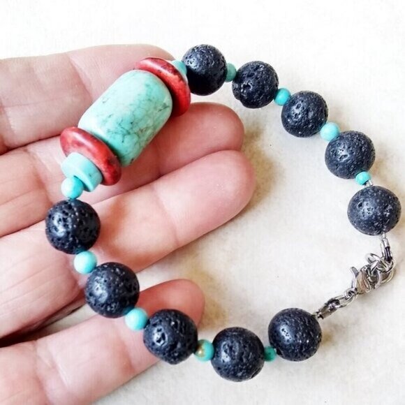 Hand Crafted Jewelry - Uniquely Handmade! Red + Turquoise Howlite + Black Lava Rock Bracelet! 6.5-7"